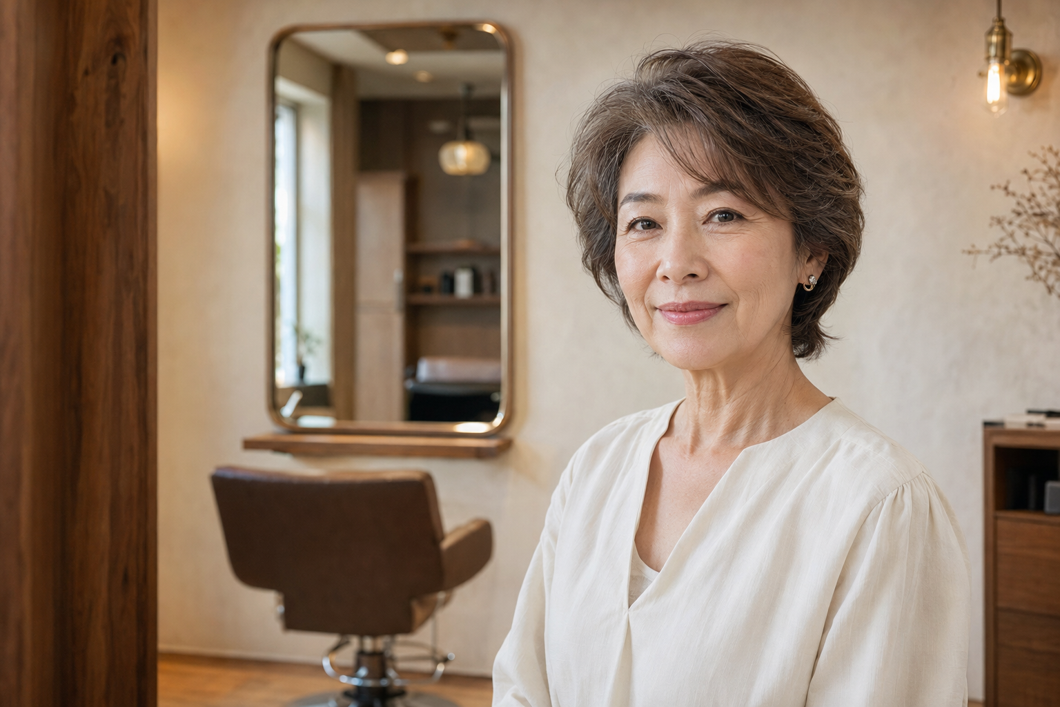 明るい美容室で自然なヘアスタイルを楽しむ大人の女性
